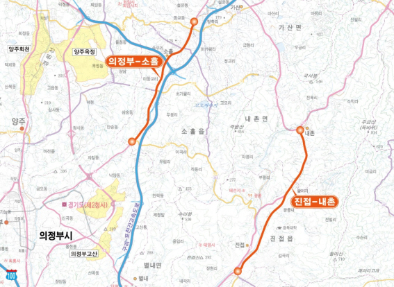 국도 43호선(의정부~소흘), 47호선(진접~내촌) 노선도