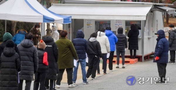 2021년 일상이 시작된 4일 오후 용인시 임시선별진료소 앞에 코로나19검사를 받기위한 시민들이 긴줄을 서서 순서를 기다리고 있다. 윤원규기자