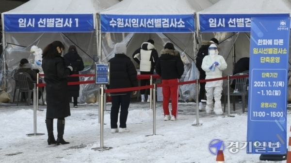 한파경보 발효에 따라 임시선별검사소와 선별진료소가 단축 운영을 시작한 7일 오후 수원역 앞 임시 선별검사소 앞에 단축운영을 알리는 안내문이 놓여 있다. 이날부터 10일까지 경기지역 임시 선별검사소는 오전 11시부터 오후 3시까지 점심시간 없이 운영하고, 선별진료소는 오전 9시부터 오후 6시까지 운영한다. 조주현기자