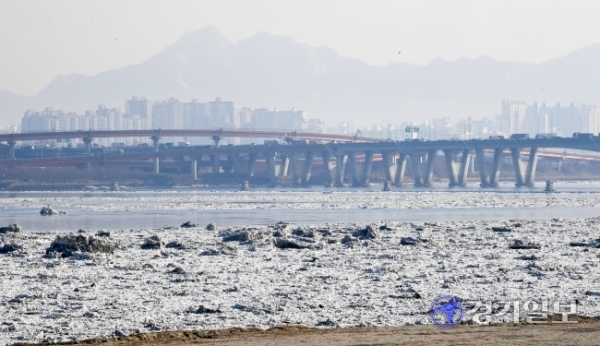 절기상 대한인(大寒) 20일 김포시 한강하구 일대에 상류에서 녹은 유빙들이 떠내려 가고 있다.  '소한(小寒)의 얼음 대한에 녹는다.’라는 속담처럼 포근한 날씨속에 기상청은 당분간 포근한 날씨가 이어지며 잦은 겨울비를 예고 했다. 장용준기자