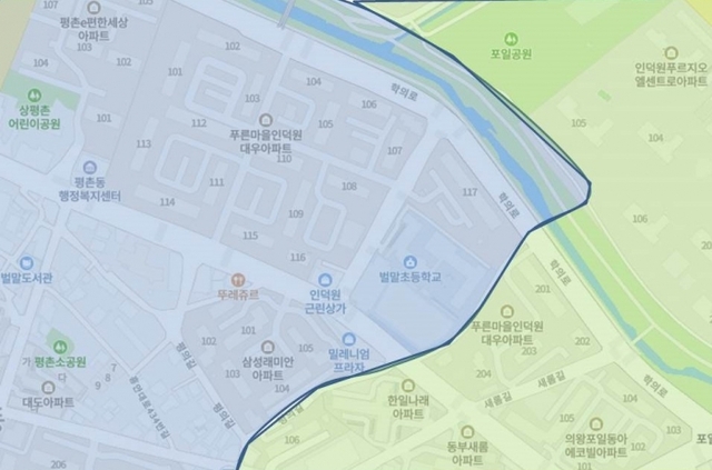 ▲ 이미지 파란색 배경은 안양시 동안구 평촌동, 녹색 배경은 의왕시 포일동. 푸른마을인덕원대우아파트와 삼성래미안아파트 내에서 행정구역이 구분되고 있다