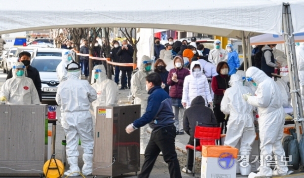 코로나19 집단감염이 발생한 남양주시 플라스틱 제조업체 앞에 설치된 이동검사소에서 17일 오후 인근 업체 근로자들이 전수검사를 위해 줄 서 있다. 방역당국은 이 업체에서 현재까지 115명이 코로나19 확진 판정을 받아 산단 전체 근로자를 대상으로 전수검사를 하고 있다.조주현기자