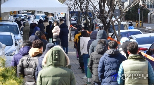 코로나19 집단감염이 발생한 남양주시 플라스틱 제조업체 앞에 설치된 이동검사소에서 17일 오후 인근 업체 근로자들이 전수검사를 위해 줄 서 있다. 방역당국은 이 업체에서 현재까지 115명이 코로나19 확진 판정을 받아 산단 전체 근로자를 대상으로 전수검사를 하고 있다.조주현기자