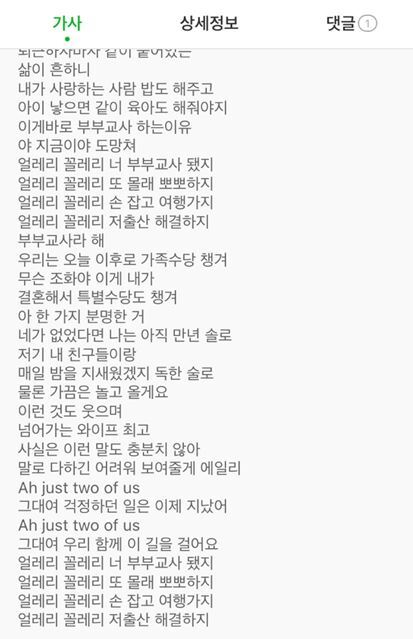 ▲ 부부교사 노래 가사 캡쳐