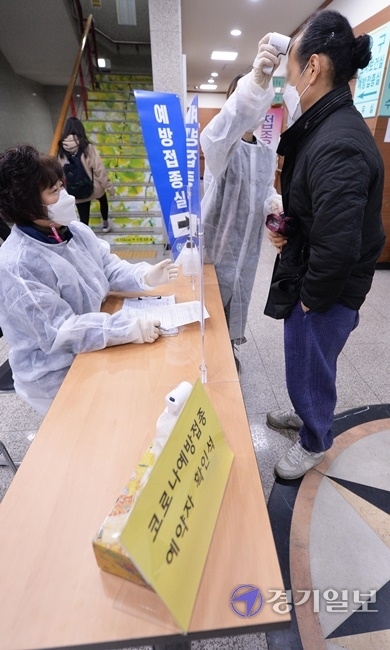 코로나19 백신 접종을 시작한 26일 오전 인천 부평구 부평구보건소에서 한 요양시설 관계자들이 백신 접종 접수에 앞서 발열검사를 받고 있다. 장용준기자