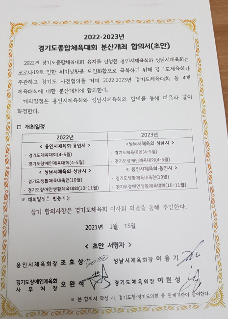 지난 1월 15일 경기도체육회장과 경기도장애인체육회 사무처장, 성남시체육회장, 용인시체육회장이 합의한 2022년, 2023년 경기도종합체육대회 분산 개최 합의서 초안.-copy(o)1