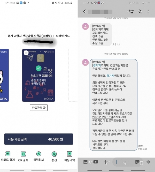 사용하지 못하고 유효기간이 만료된 모바일 카드,