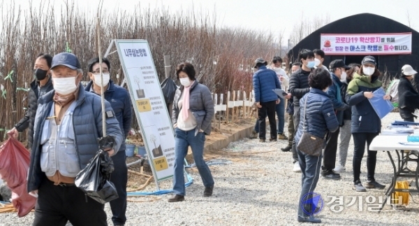 9일 오전 개장한 인천 남동구 인천산림조합 나무시장에서 때맞춰 찾아온 시민들이 묘목을 사가고 있다. 산림조합 나무시장은 조합원이 재배한 좋은 품질의 나무를 직접 판매해 시중의 나무 시장보다 10∼30％ 정도 저렴하게 구매 할수 있다. 장용준기자
