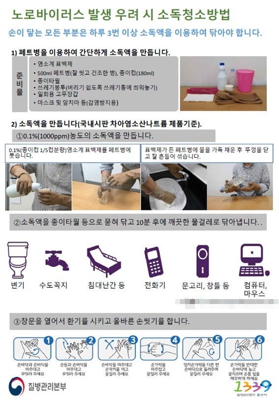 노로바이러스 발생 우려 시 소독청소방법