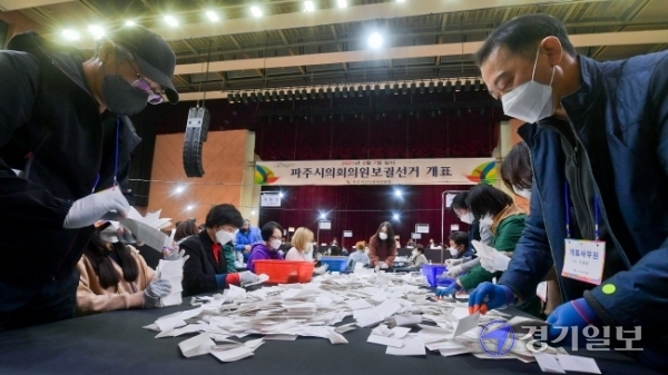 7일 오후 파주시민회관에 설치된 파주시의회의원 보궐선거 개표소에서 사무원들이 개표작업을 하고 있다. 윤원규기자