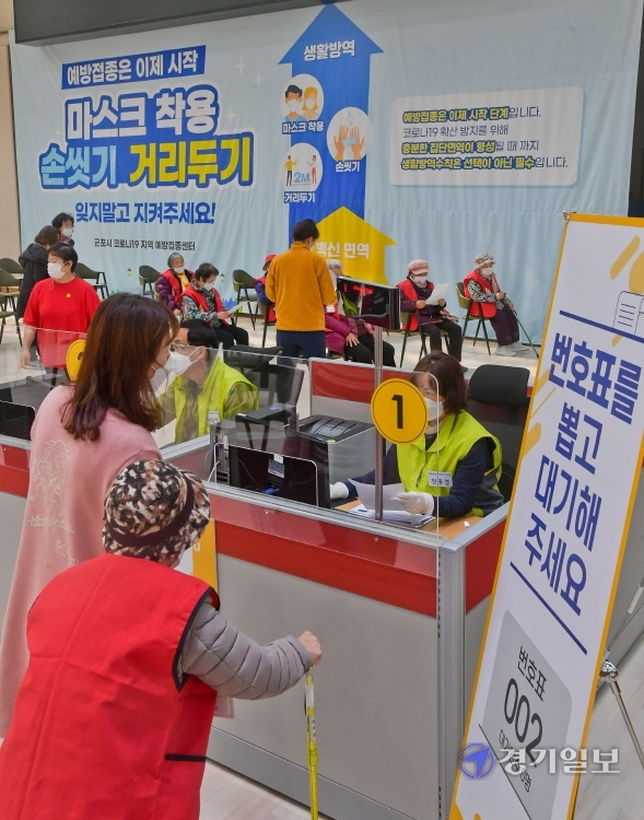 코로나19 신규 확진자 수가 연일 700명대를 오르내리는 가운데 15일 오전 첫 운영에 들어간 군포시 시민체육광장 체육관 ‘코로나19 예방접종센터’에서 지역 장기요양 보호센터 이용자와 종사자들이 화이자 백신접종을 받기위해 절차르 밟고 있다.  윤원규기자