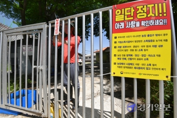 강원도 영월에서 아프리카돼지열병(ASF)이 확진되면서 5일 오전 11시부터 48시간 동안 경기·강원·충북 지역의 모든 돼지농장, 도축장 등 축산시설과 축산차량에 대해 이동중지 명령이 발령됐다. 이날 오전 화성시 양감면 한 돼지농장에서 주인이 출입문을 잠근 채 출입을 통제하고 있다. 김시범기자