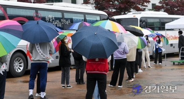 10일 오전 인천 연수구 가천대학교 메디컬캠퍼스에서 동아리연합회 회원들이 헌혈버스 앞에 길게 늘어서서 헌혈 순서를 기다리고 있다.  보건 계열학과가 모여 있는 가천대 메디컬캠퍼스 학생들은 올해로 10년째 사랑의 헌혈를 해오고 있다. 장용준기자