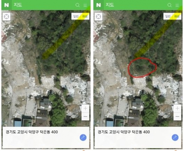 (왼쪽부터) 폐기물 더미가 발견된 임야, 철거전 위성사진 [사진=네이버지도] 원본/