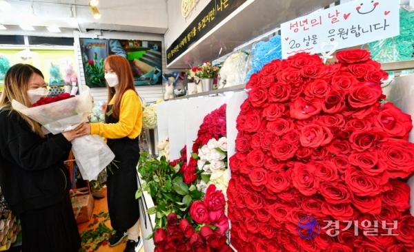 성년의 날을 하루 앞둔 16일 오전 백송이전문점 안양점에서 한 학생이 친구에게 선물할 장미꽃 다발을 구입하고 있다.조주현기자
