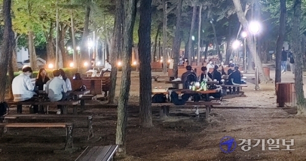 지난 25일 오후 10시30분께 인천 미추홀구 인하대학교에서 학생들이 삼삼오오 모여 술을 마시고 있다. 이승욱기자