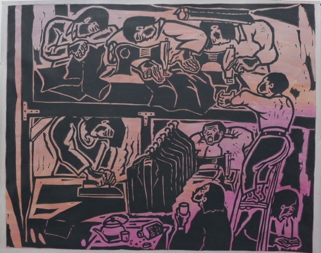 ▲ 홍성담, 야간작업-2_1984년판화작업을리메이크_130x160cm, 캔버스에아크릴릭, 2021년