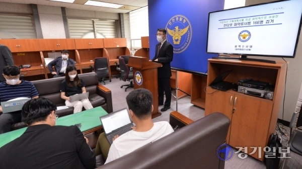 소완선 인천경찰청 광역수사대 마약범죄수사계장이 9일 오전 인천경찰청 기자실에서 가상화폐로 구매대금을 결제하며 국내에서 마약유통을 한 일당 9명의 검거 브리핑을 하고 있다. 경찰은 A씨 등을 검거하는 과정에서 필로폰 53.6ｇ, LSD 400개, 엑스터시 656정, 케타민 587.99ｇ 등 시가 5억8천만원 상당의 마약류를 압수했다. 장용준기자