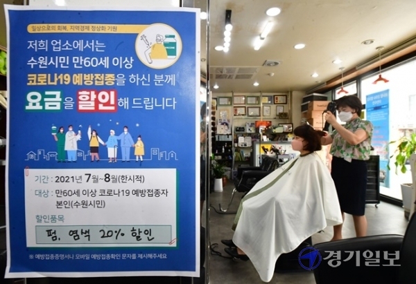 음식점, 이·미용실, 목욕탕 등을 운영하는 수원시 소상공인들이 코로나19 예방 접종률을 높이기 위해 코로나19 백신을 접종받은 만 60세 이상 시민에게 오는 7월 1일부터 자발적으로 음식값과 이용요금을 할인해주는 '민간 주도 수원형 인센티브 사업'에 참여한다. 10일 수원시 장안구에 위치한 미용실인 라인헤어에 '수원시민 만 60세 이상 코로나19 예방접종을 하신 분께 요금을 할인해드린다'는 문구가 적힌 안내문을 붙어있다. 허원장은 