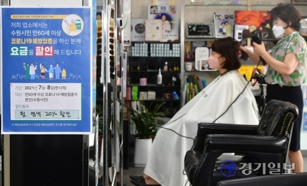 음식점, 이·미용실, 목욕탕 등을 운영하는 수원시 소상공인들이 코로나19 예방 접종률을 높이기 위해 코로나19 백신을 접종받은 만 60세 이상 시민에게 오는 7월 1일부터 자발적으로 음식값과 이용요금을 할인해주는 '민간 주도 수원형 인센티브 사업'에 참여한다. 10일 수원시 장안구에 위치한 미용실인 라인헤어에 '수원시민 만 60세 이상 코로나19 예방접종을 하신 분께 요금을 할인해드린다'는 문구가 적힌 안내문을 붙어있다. 허원장은 