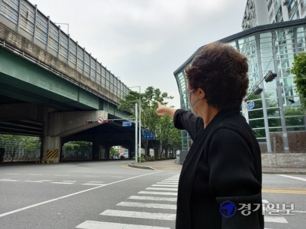 13일 안양시 동안구 신촌동 무궁화건영아파트 입구에서 한 주민이 바로 앞에 있는 고가교를 가리키고 있다. 이 일대 주민들은 고가교로 인해 피해를 겪고 있다고 호소하고 있다. 노성우기자