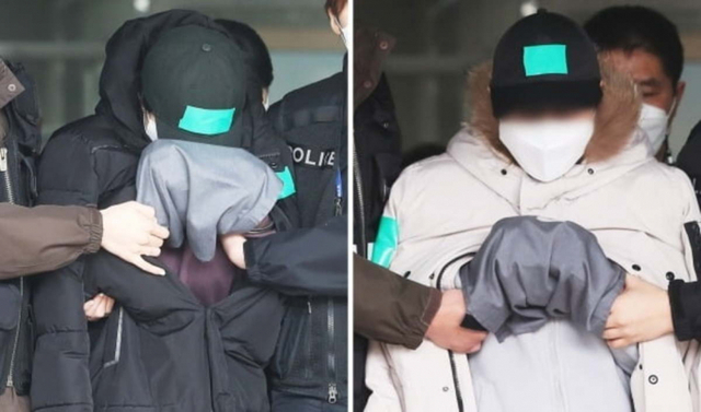 열 살 조카를 물고문하는 등 학대로 숨지게 한 무속인 이모 A씨(왼쪽)와 국악인 이모부 K씨가 지난 2월 영장실질심사에 출석하기 위해 용인동부경찰서에서 나오고 있다. 연합뉴스