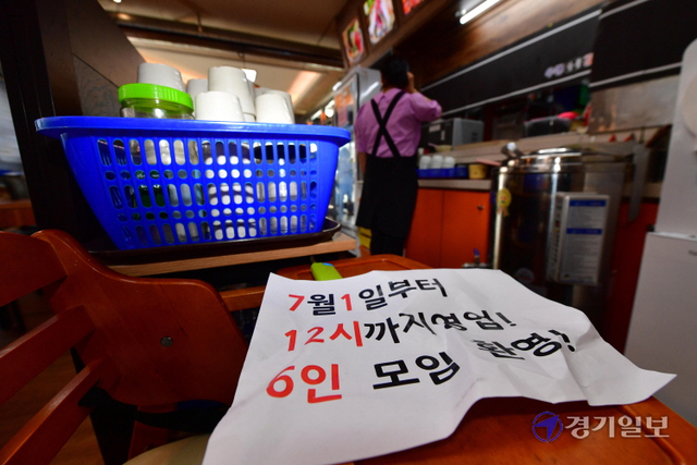 경기도를 포함한 수도권 지자체가 시행 예정이었던 새로운 사회적 거리두기 개편안을 유예한 가운데 1일 오후 수원시 한 갈빗집에 ‘7월 1일부터 12시까지 영업! 6인 모임 환영!’이라고 적힌 안내문이 구겨진 채 놓여있다.조주현기자