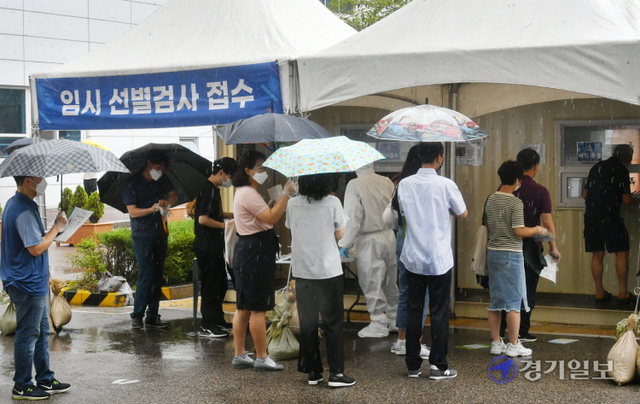 코로나19 확진자가 급증하면서 수도권 거리두기 개편안 적용이 1주일 유예된 30일 오후 수원시 장안구보건소 선별진료소가 코로나19 검사를 받으려는 시민들로 붐비고 있다. 김시범기자