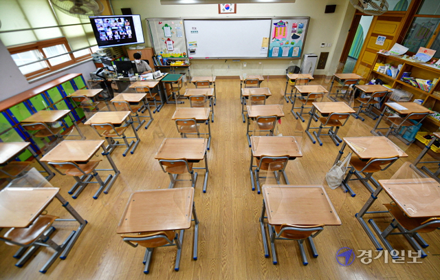 코로나19 확산세가 거센 수도권의 사회적 거리두기가 4단계로 격상됨에 따라 경기·인천 지역 유치원과 초·중·고등학교가 전면 원격수업에 들어간 12일 오전 수원시 능실초등학교에서 교사가 원격수업을 하고 있다.조주현기자