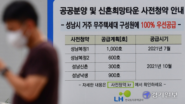 3기 신도시 사전청약이 시작된 16일 성남시 수정구 한 공사 현장에 관련 내용을 알리는 안내문이 붙어 있다. 이번 1차 사전청약을 통해 인천 계양(1050)·위례신도시(418)·성남 복정1(1026)· 의왕 청계2(304), 남양주 진접2(1535)에서 총 4333호가 공급된다.조주현기자