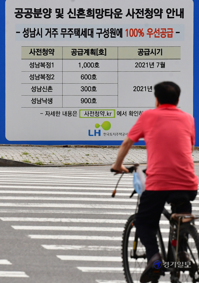 3기 신도시 사전청약이 시작된 16일 성남시 수정구 한 공사 현장에 관련 내용을 알리는 안내문이 붙어 있다. 이번 1차 사전청약을 통해 인천 계양(1050)·위례신도시(418)·성남 복정1(1026)· 의왕 청계2(304), 남양주 진접2(1535)에서 총 4333호가 공급된다.조주현기자
