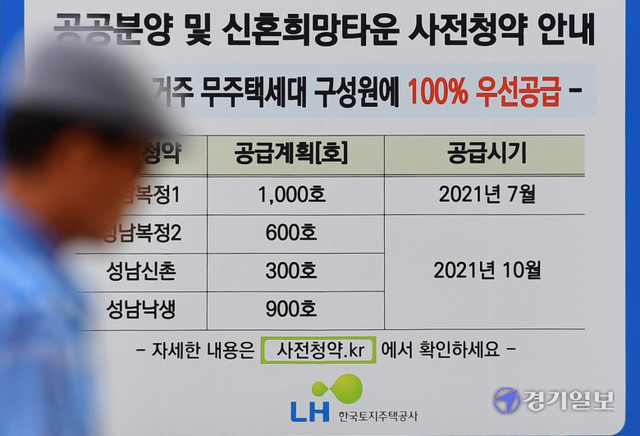 3기 신도시 사전청약이 시작된 16일 성남시 수정구 한 공사 현장에 관련 내용을 알리는 안내문이 붙어 있다. 이번 1차 사전청약을 통해 인천 계양(1050)·위례신도시(418)·성남 복정1(1026)· 의왕 청계2(304), 남양주 진접2(1535)에서 총 4333호가 공급된다.조주현기자