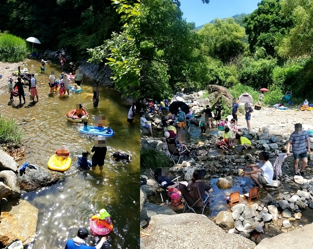 25일 오후 2시 45분께 피서를 즐기러 온 사람들이 양평 옥천면 사나사계곡에서 물놀이를 즐기고 있다.