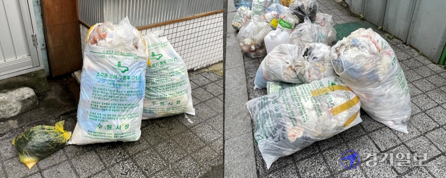 25일 용인지역 곳곳에서 지난해 폐지된 100ℓ 종량제 봉투와 과대포장 된 75ℓ 종량제 봉투가 배출돼 있다. 장희준기자