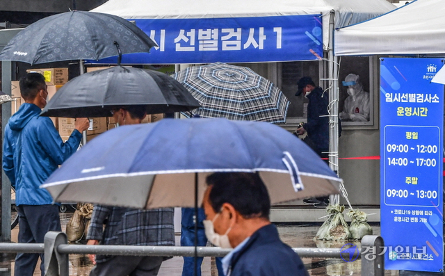 가을비가 내린 7일 오전 수원역 코로나19 임시선별검사소에서 우산을 쓴 시민이 검사를 받기 위해 줄지어 서 있다.조주현기자
