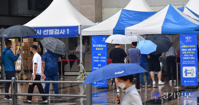 가을비가 내린 7일 오전 수원역 코로나19 임시선별검사소에서 우산을 쓴 시민이 검사를 받기 위해 줄지어 서 있다.조주현기자