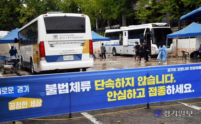 경기도가 전국 최초로 '찾아가는 백신버스' 운영에 들어간 6일 안산시 단원구 한국산업단지공단 경기지역본부 주차장에 마련된 백신버스 앞에서 외국인근로자 등이 백신접종 순서를 기다리고 있다. 김시범기자