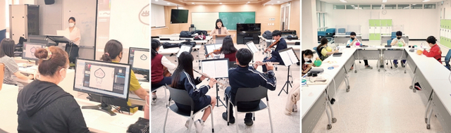 (왼쪽부터) 동탄중앙이음터 시민제안사업 프로그램인 이모티콘 수업/다원이음터만의 특화 프로그램인 오케스트라 교육 수업/송린이음터 ICT프로그램 강연 수업. 화성시 제공<br>
