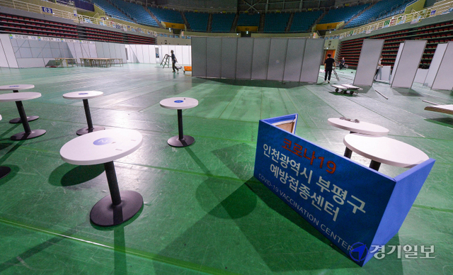 ​위드 코로나(단계적 일상 회복) 전환을 이틀 앞둔 30일 오전 코로나19 부평구 예방접종센터인 인천 부평구 삼산체육관에서 부평구보건소 관계자들이 철거작업을 하고 있다. 부평구 예방접종센터는 205일만에 운영 종료했다. 장용준기자