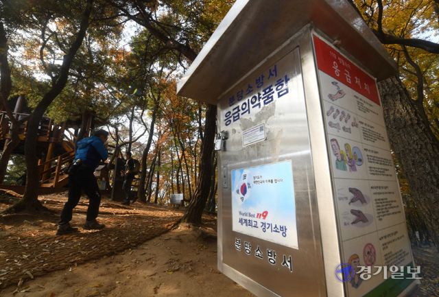 31일 오후 성남시 분당구 불곡산 정상에 설치된 ‘등산로 간이 구조구급함’이 자물쇠로 잠겨 있다.조주현기자