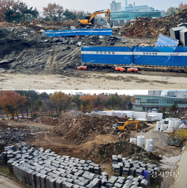 금호건설㈜ 등이 시흥시 소유 땅을 임대받아 공사자재적치장으로 사용하면서 각종 불법행위를 저지르는 등 물의를 빚고 있다. 사진은 시흥시 정왕동 하수관로정비공사 현장. 김형수기자