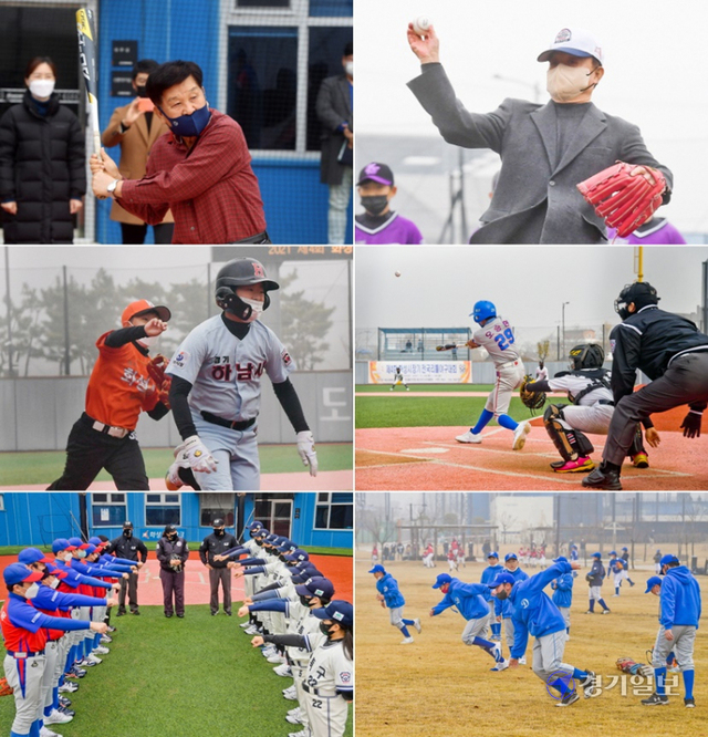 (첫줄) 신항철 본보 대표이사 회장(왼쪽)과 유승안 ㈔한국리틀야구연맹 회장(오른쪽)이 개막전 시타ㆍ시구를 하고 있다.(둘째줄) 화성시 A와 하남시가 열전을 펼치고 있다.(왼) / 용산구•동두천 오승현 선수가 안타를 치고 있다.(오)(셋째줄) 안양시과 서울 강북구 선수들이 경기 전 비접촉 인사를하고 있다.(왼) / 경기 전 몸을 풀고 있는 고양시 덕양구 선수들. (오)