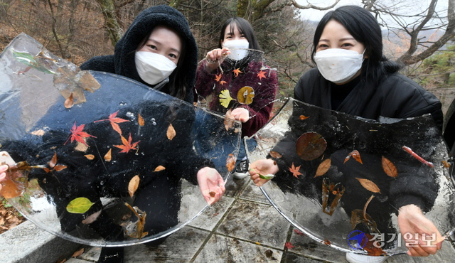 수도권지역에 한파주의보가 내려진 1일 오전 의왕시 청계산에서 시민들이 산책도중 발견한 얼음을 들어보이고 있다. 조주현기자