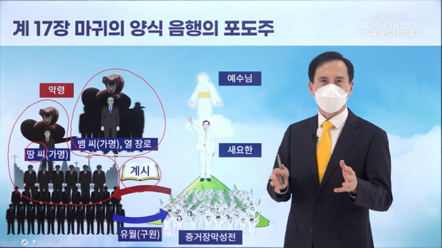 6일 오전 신천지예수교 증거장막성전 공식 유튜브를 통해 송출된 ‘하나님의 새 언약 계시록 예언과 성취 증거’ 세미나에서 이승주 시몬지파장이 요한계시록 17장의 내용을 강의하고 있다. 신천지예수교 증거장막성전 제공