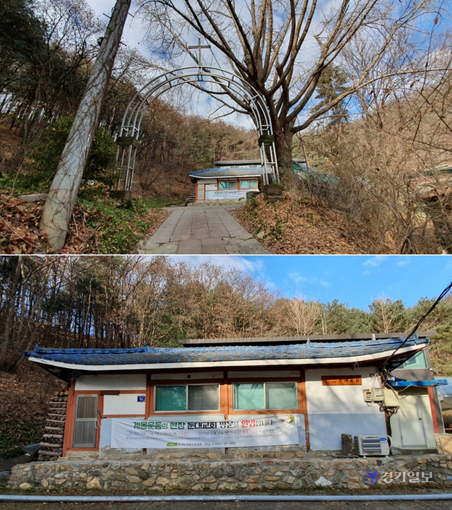 ▲ 십자가가 달린 아치형 철기둥이 서 있는 교회 입구와 예배당 정면.