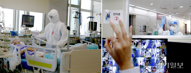 1일 국민건강보험 일산병원 코로나19 중환자실에서 이정모 교수(왼쪽)와 박규리 간호사가 환자를 돌보고 있다. 국민건강보험 일산병원·고양시 제공