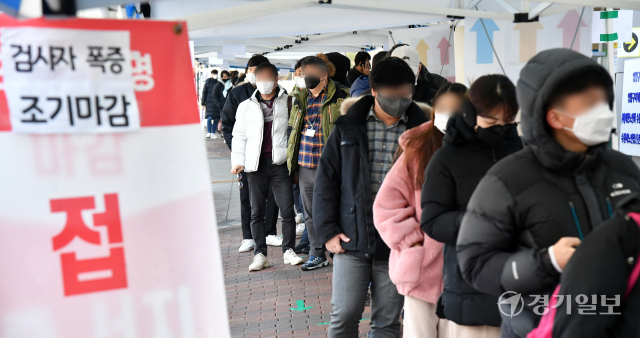 코로나19 신규 확진자가 다시 6천명대를 넘어선 20일 오전 수원시 영통구보건소 선별진료소 앞에서 검사를 받으려는 시민들이 길게 줄지어 대기하고 있다. 김시범기자