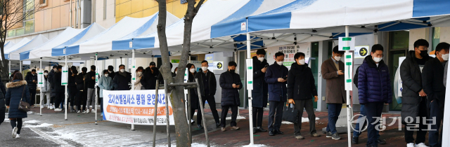 코로나19 신규 확진자가 다시 6천명대를 넘어선 20일 오전 수원시 영통구보건소 선별진료소 앞에서 검사를 받으려는 시민들이 길게 줄지어 대기하고 있다. 김시범기자