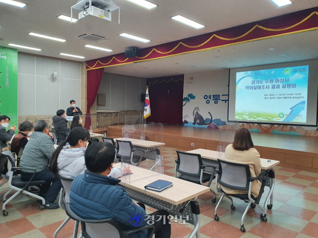 한국환경공단 관계자가 지난 19일 수원시 영통구청 대회의실에서 악취실태조사 결과를 설명하고 있다. 수원시 제공