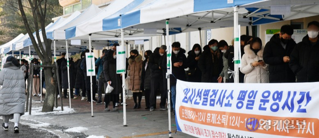 코로나19 신규 확진자가 다시 6천명대를 넘어선 20일 오전 수원시 영통구보건소 선별진료소 앞에서 검사를 받으려는 시민들이 길게 줄지어 대기하고 있다. 김시범기자